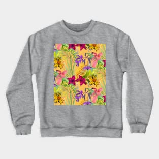 Elegant tropical flowers and leaves pattern purple illustration, yellow tropical pattern over a Crewneck Sweatshirt